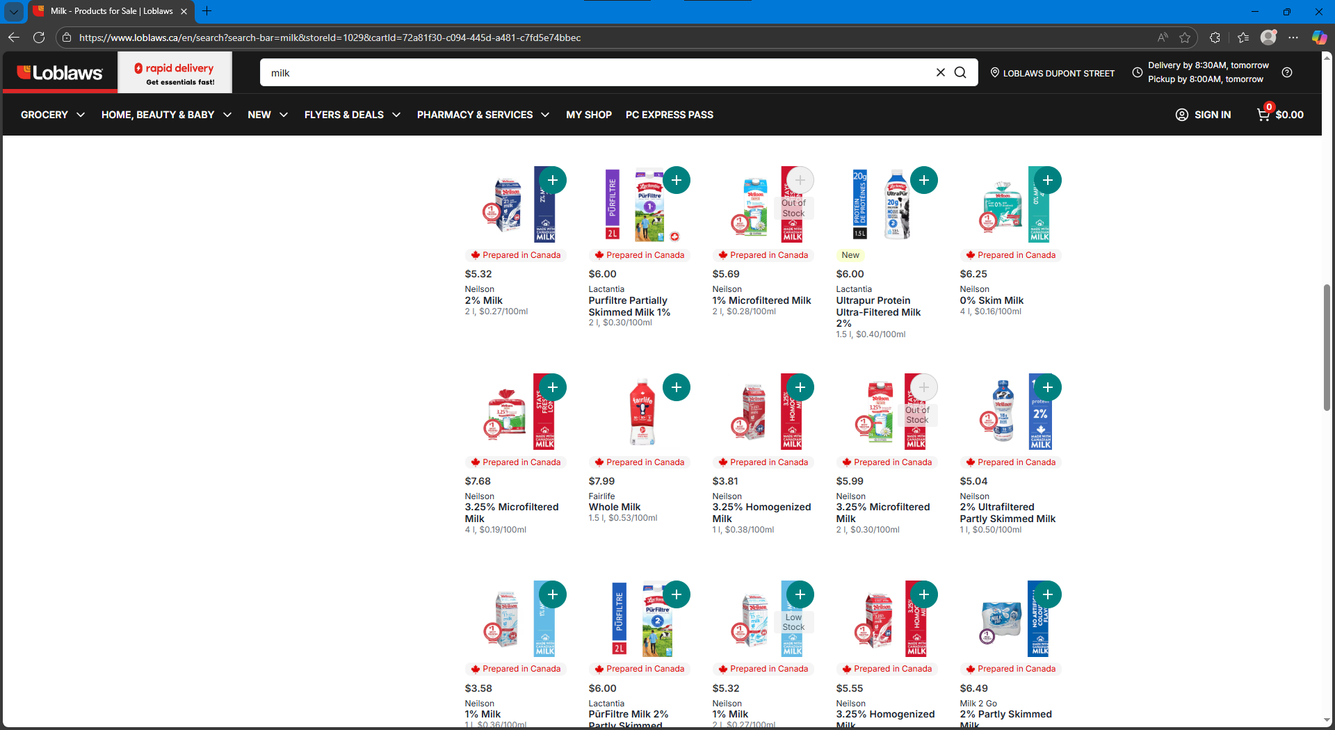 A loblaws store page for milk, where all the items are floating in white and various have strings of text partially obscuring them with mixed transparency.