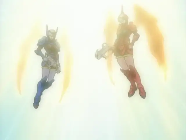Two angels, one wearing blue armor and one wearing red, floating in front of a cascade of yellow light. Burning wings sprout from their back.